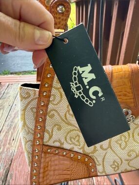 Marc Chantal Designer Studded Ornate Shoulder Bag in Tan and Cream